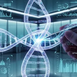 A conceptual illustration of a glowing DNA helix being edited like computer code via a futuristic digital interface, symbolizing the precise, programmable nature of RNA therapeutic clinical trial design.