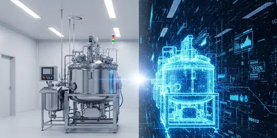AI in biopharma manufacturing with digital twin and bioreactor illustrated by a split-screen composition. On the left side, a realistic, industrial stainless steel bioreactor in a sterile biopharma manufacturing facility, on the right side, a seamless transition into a glowing, translucent digital twin of the same bioreactor, constructed entirely of neon blue data streams