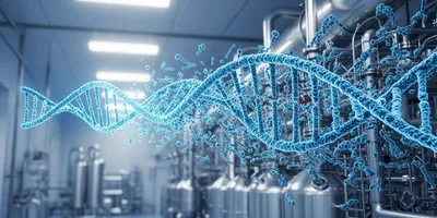 A conceptual illustration showing a small glowing DNA helix expanding into massive industrial chemical reactors shaped like a double helix, representing the scaling of oligonucleotide synthesis from lab to factory.