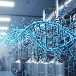 A conceptual illustration showing a small glowing DNA helix expanding into massive industrial chemical reactors shaped like a double helix, representing the scaling of oligonucleotide synthesis from lab to factory.