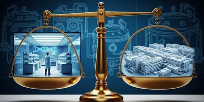 A conceptual illustration of a scale balancing a sleek internal lab against a massive industrial factory, representing the strategic trade-off in outsourcing manufacturing for therapeutics.