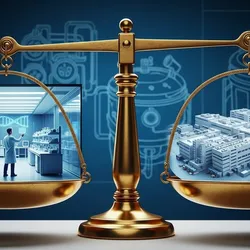 A conceptual illustration of a scale balancing a sleek internal lab against a massive industrial factory, representing the strategic trade-off in outsourcing manufacturing for therapeutics.