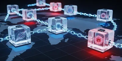A conceptual illustration of a fragile supply chain made of ice containers linked by glowing chains, transporting biological materials across a dark global map, symbolizing the supply chain challenges of emerging modalities