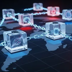 A conceptual illustration of a fragile supply chain made of ice containers linked by glowing chains, transporting biological materials across a dark global map, symbolizing the supply chain challenges of emerging modalities