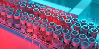 Rows of vials of vaccines are shown under a reddish-blue light.