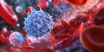 A blue representation of a BTK inhibitor with red blood cells in the background.