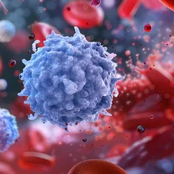 A blue representation of a BTK inhibitor with red blood cells in the background.