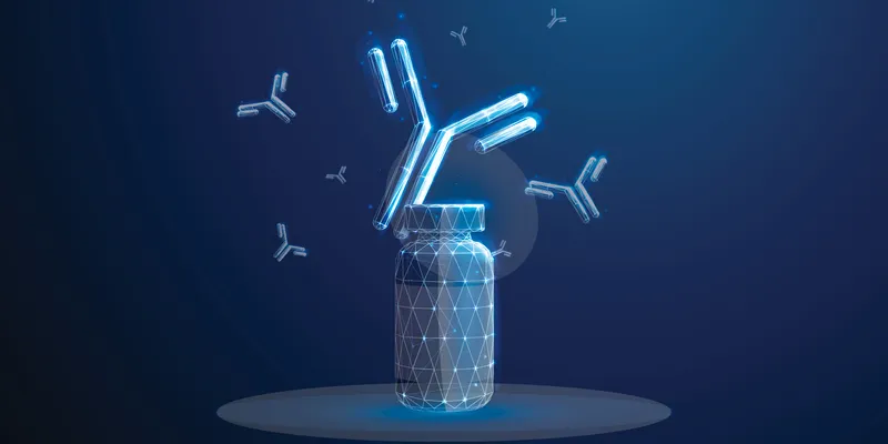 Blue medical bottle with flying antibodies around.