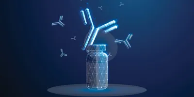 Blue medical bottle with flying antibodies around.
