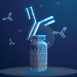 Blue medical bottle with flying antibodies around.