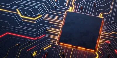 Blue ab.stract circuit board pattern with a central framed chip symbol representing electronic technology