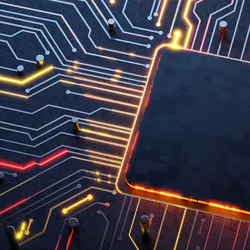 Blue ab.stract circuit board pattern with a central framed chip symbol representing electronic technology