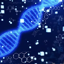  A glowing blue DNA double helix is depicted against a dark background filled with floating molecular structures and digital data symbols.