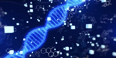  A glowing blue DNA double helix is depicted against a dark background filled with floating molecular structures and digital data symbols.