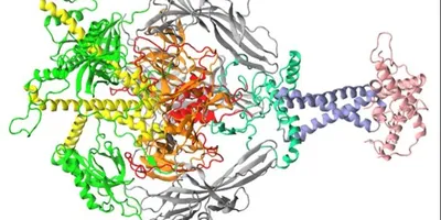 Color-coded ribbon diagram of a large viral protein complex, showing multiple folded domains arranged symmetrically around a central core.