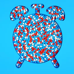 An alarm clock shape filled with red, white, and blue medicine capsules, symbolizing timely healthcare and medical treatment.