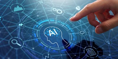 Hand reaching toward a glowing AI head icon on a digital network interface with connected tech symbols.