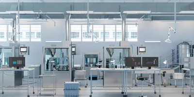 3D render of empty laboratory with scientific monitors on desks.