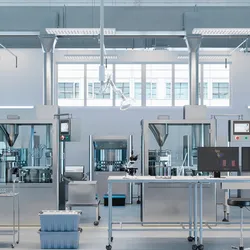 3D render of empty laboratory with scientific monitors on desks.