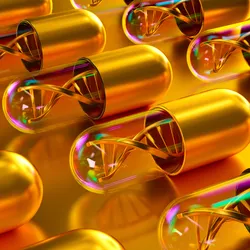 A conceptual 3D render of golden and transparent capsules, each containing a DNA helix, on a reflective golden surface.
