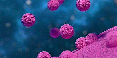 Scientific illustration of a cell releasing exosomes: small, spherical extracellular vesicles budding from and detaching off the cell’s plasma membrane into the surrounding space, shown as tiny capsule-like structures emerging from the cell surface.