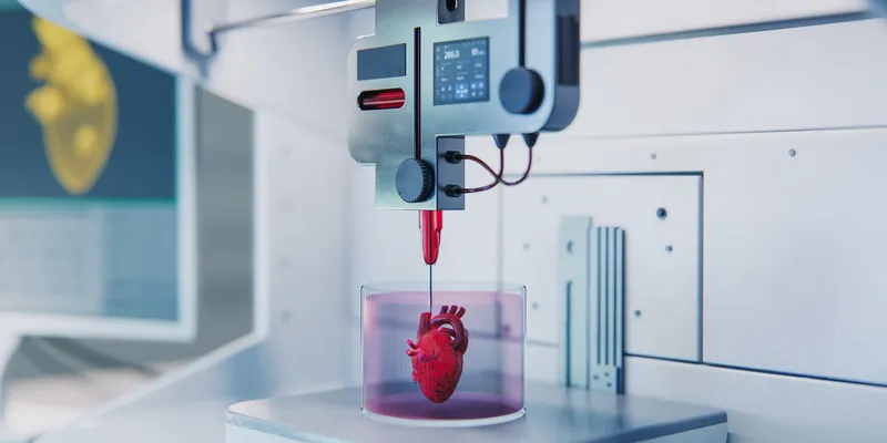 A bioprinting nozzle deposits material into a transparent container holding a heart-shaped tissue construct in a laboratory setting.