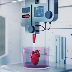 A bioprinting nozzle deposits material into a transparent container holding a heart-shaped tissue construct in a laboratory setting.