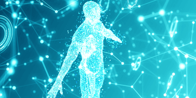 Futuristic 3D human figure surrounded by medical technology and data visuals.