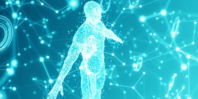 Futuristic 3D human figure surrounded by medical technology and data visuals.