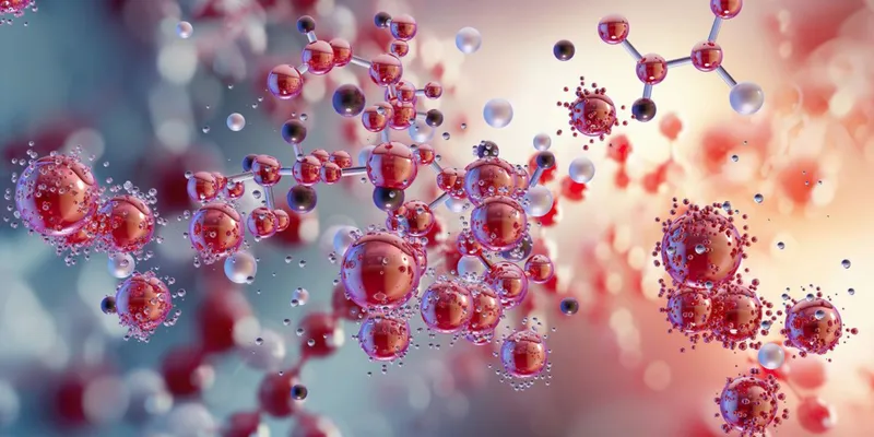 Colorful 3D rendering of interconnected molecular nano-particles forming a network.