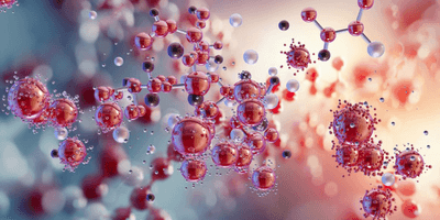 Colorful 3D rendering of interconnected molecular nano-particles forming a network.