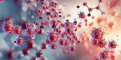 Colorful 3D rendering of interconnected molecular nano-particles forming a network.