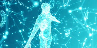 A 3D-rendered human figure integrated with digital medical technology graphics, illustrating advanced healthcare and technology concepts.