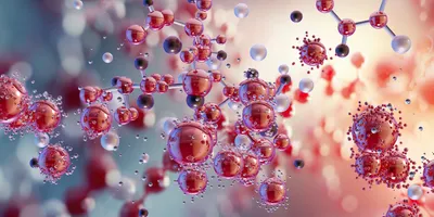 Colorful 3D rendering of interconnected molecular nano-particles forming a network.