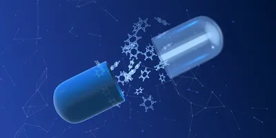 Illustration of a capsule opening to release molecular structures against a digital background.