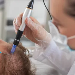 Trichologist cosmetologist doctor applies syringe injections on head scalp for hair loss treatment. 