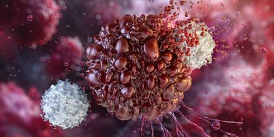 A cancer cell is being targeted by immune cells: T cells, NK cells, macrophages. 