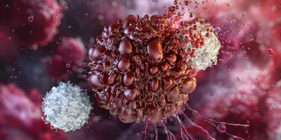 A cancer cell is being targeted by immune cells: T cells, NK cells, macrophages. 