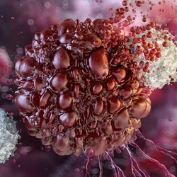 A cancer cell is being targeted by immune cells: T cells, NK cells, macrophages. 