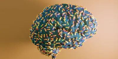 A digital rendering of a brain covered in colorful pills, illustrating nose-to-brain drug delivery.