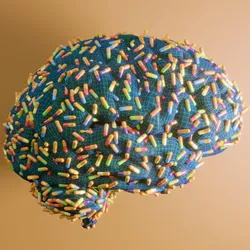 A digital rendering of a brain covered in colorful pills, illustrating nose-to-brain drug delivery.