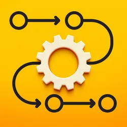 A 3D rendering of a process diagram featuring a central gear icon surrounded by a series of connected circles, each linked by arrows to represent a sequential flow.