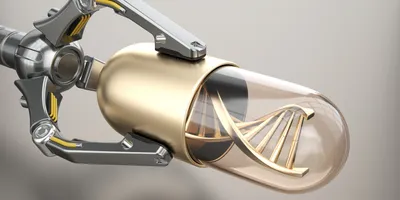 Robotic arm holds golden pill with DNA structure