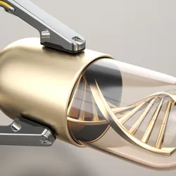 Robotic arm holds golden pill with DNA structure