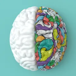 3d brain with half of it as white, and the other as multicolored swirls on a blue background. 