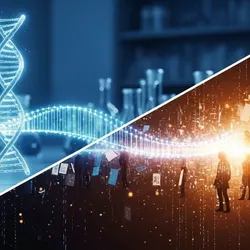 Split image showing the connection between laboratory science and human impact. On the left, a blue-toned lab scene with glassware and a glowing DNA double helix represents molecular and genetic research. On the right, a warm, amber-toned scene shows silhouettes of people surrounded by floating data sheets and images, symbolizing real-world populations and applied knowledge. A luminous strand resembling DNA bridges both sides, illustrating the translation of scientific discovery into human outcomes.