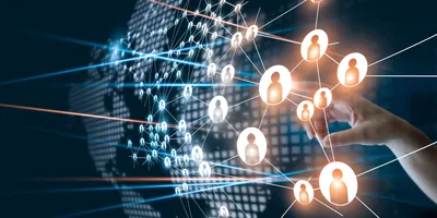 A network of interconnected human icons overlaid on a world map, representing global collaboration and population-scale data connections.