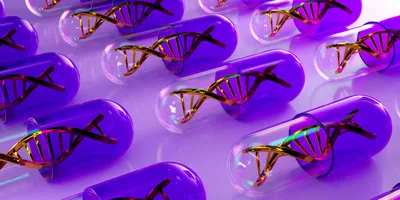 A series of purple and clear capsules, each containing a shimmering golden DNA helix model, are arranged in neat rows.