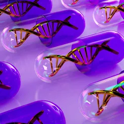 A series of purple and clear capsules, each containing a shimmering golden DNA helix model, are arranged in neat rows.
