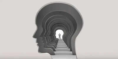 Layers of walls with a cut-out of a head. At the other side is a man in a confident pose. 